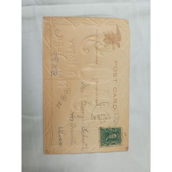 Antique VTG 1908 POSTCARD with BENJAMIN FRANKLIN 1 Cent Green Stamp 1902 - 1910 - Picture 1 of 16